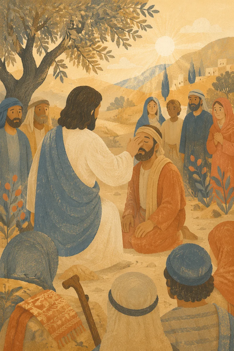 Jesus Healing Blind Man on Village Road