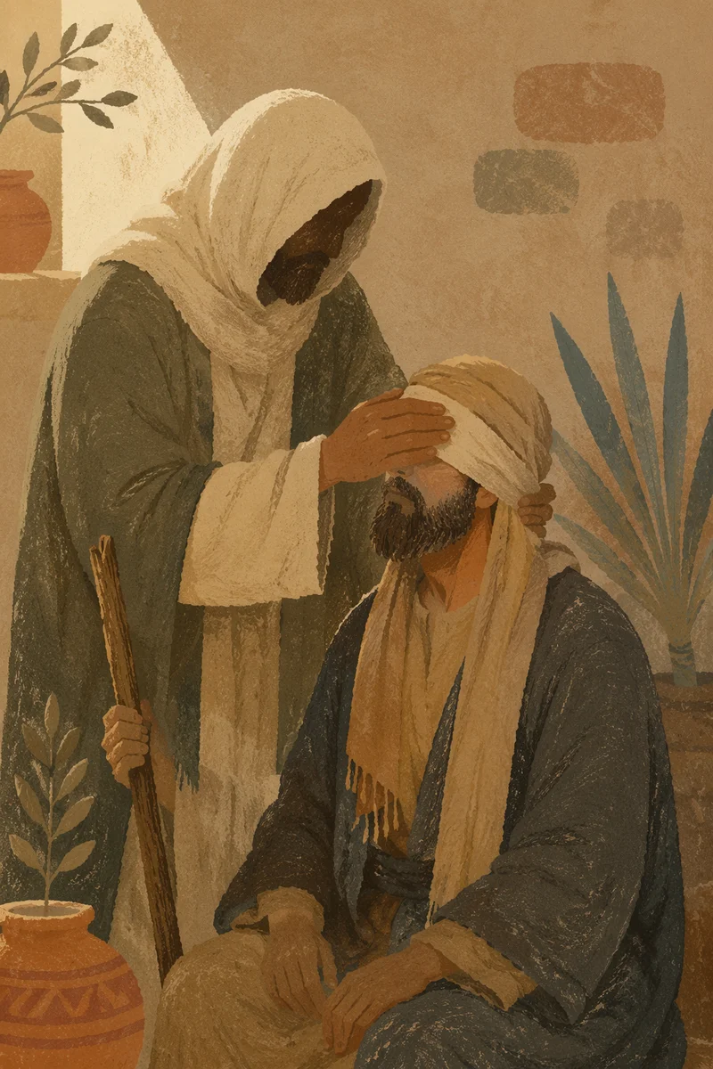 Jesus Healing Blind Man in Village Courtyard