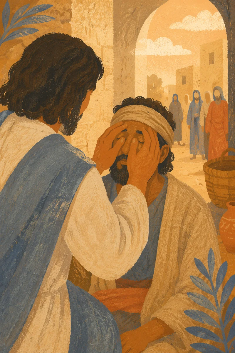 Jesus Healing Blind Man in Village Courtyard