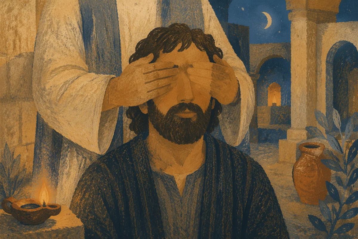 Jesus Healing Blind Man in Ancient Courtyard
