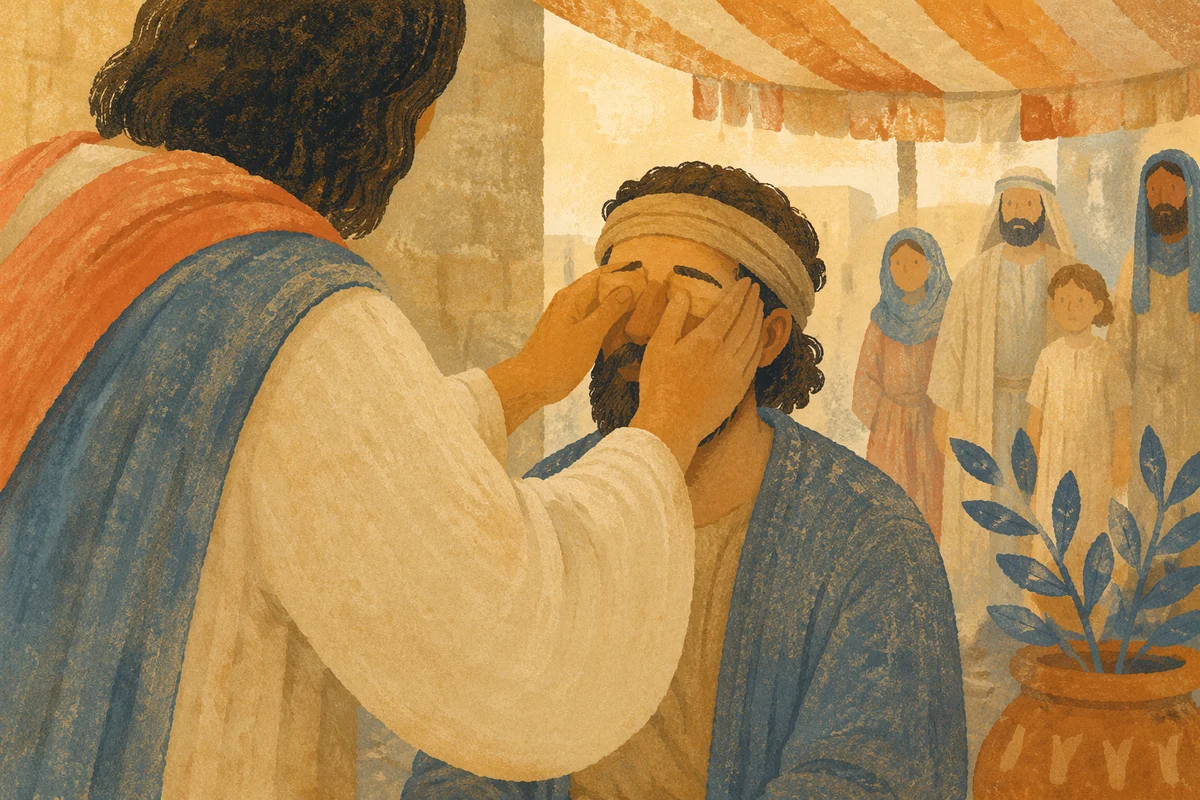 Jesus Healing Blind Man in Golden Courtyard