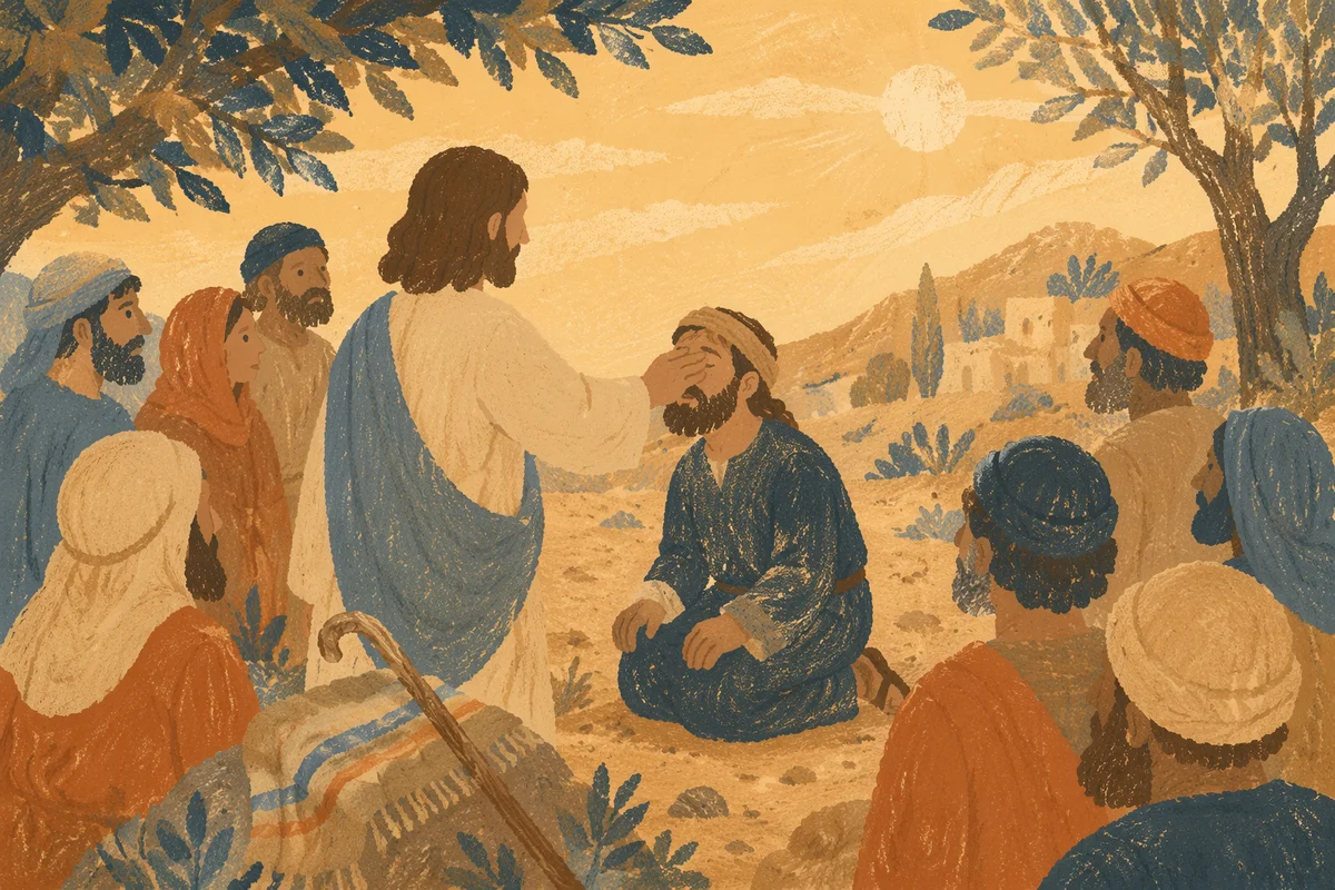 Jesus Healing Blind Man on Village Road