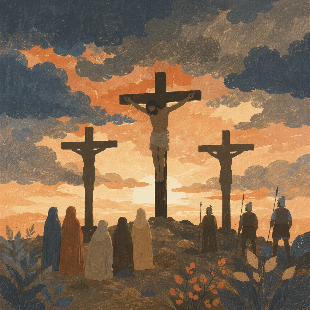 Three Crosses at Golgotha Under Dusk Sky