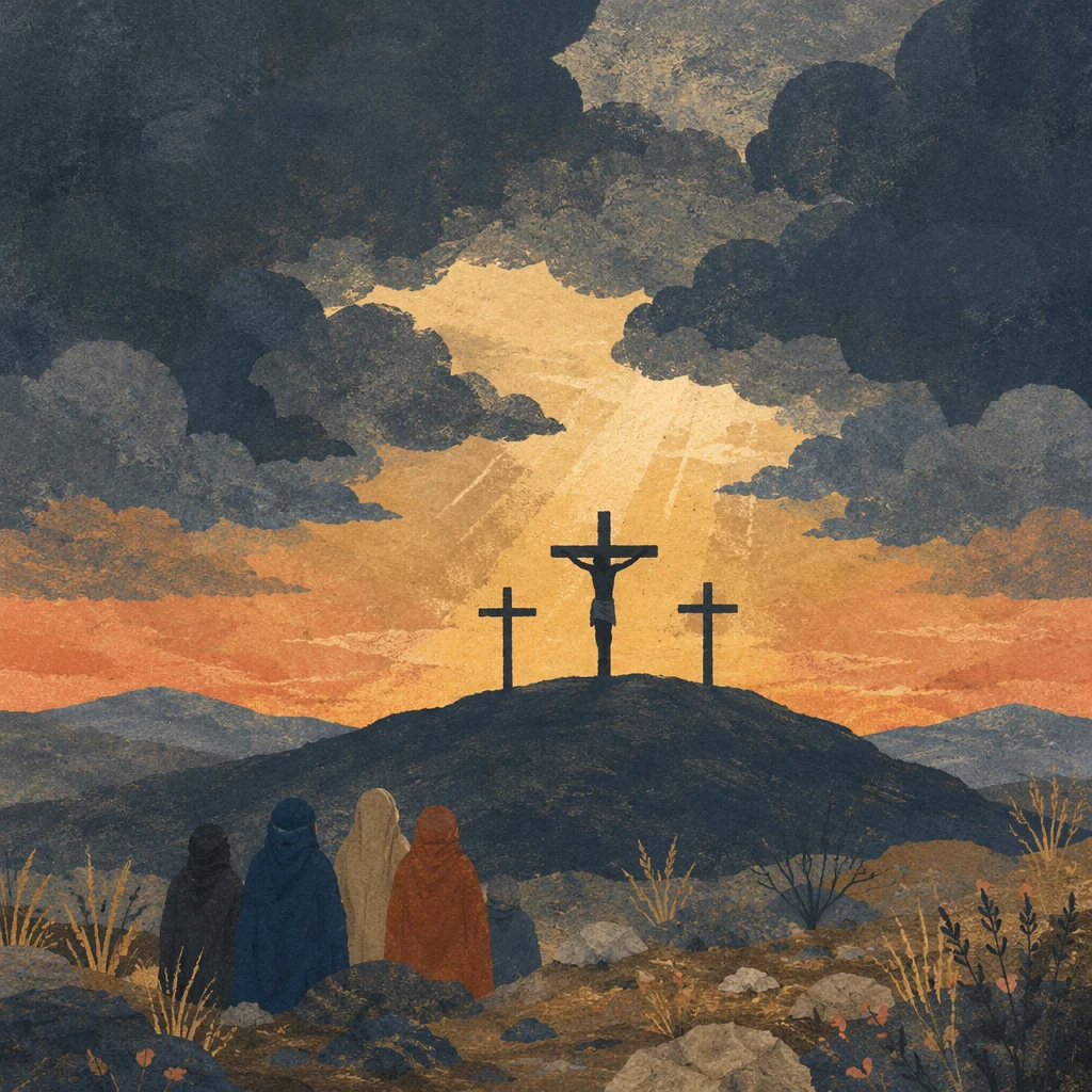 Three Crosses at Golgotha Under Stormy Sky