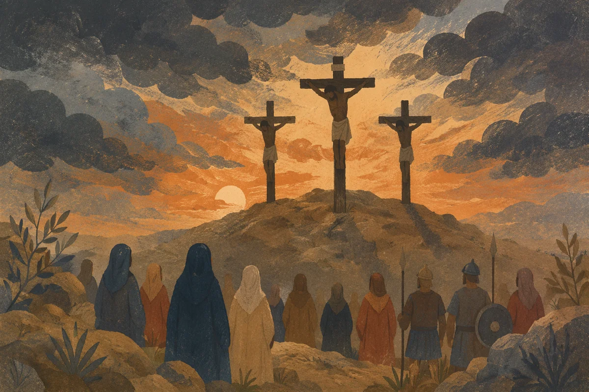 Three Crosses at Golgotha Under Dusk Sky