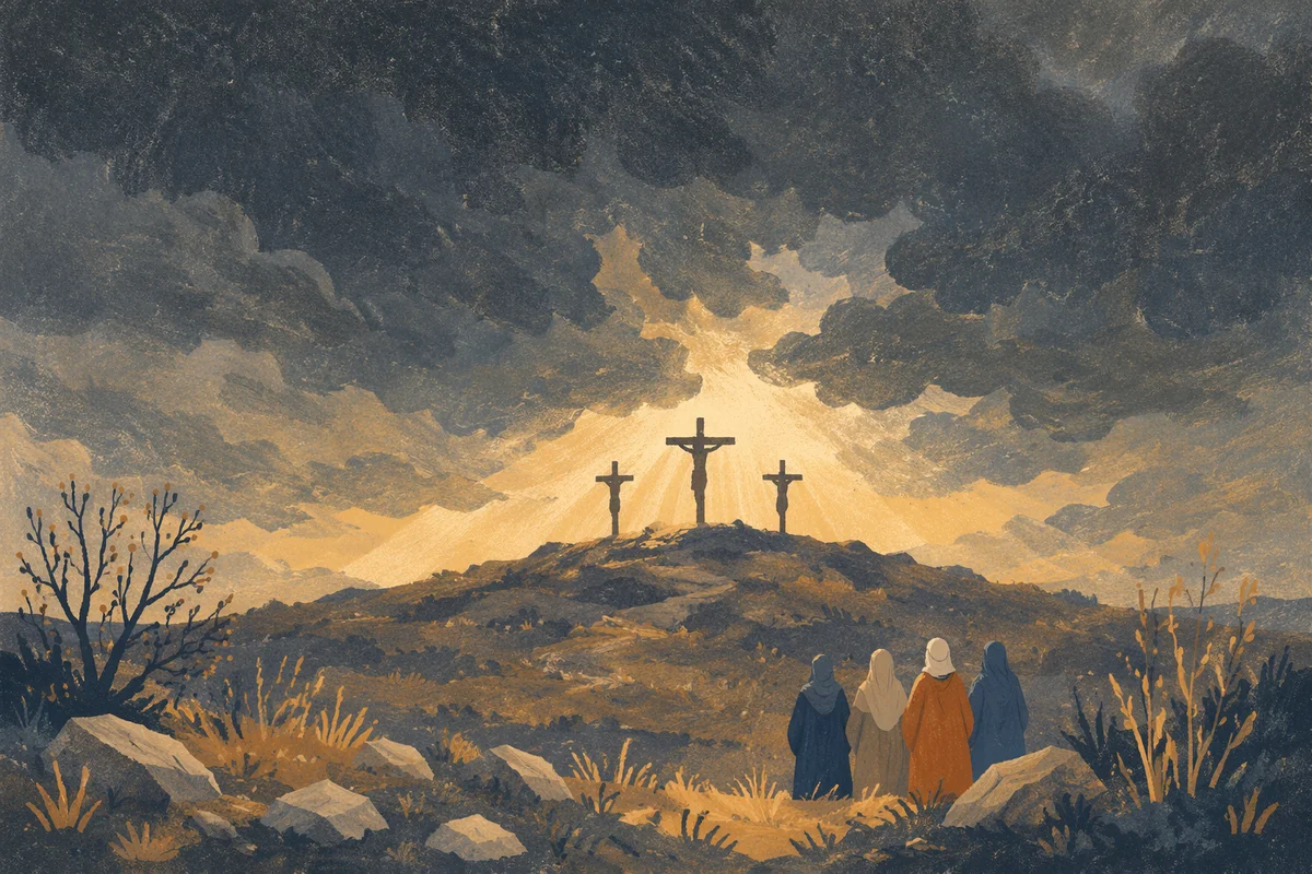 Three Crosses at Golgotha Under Dusk Sky