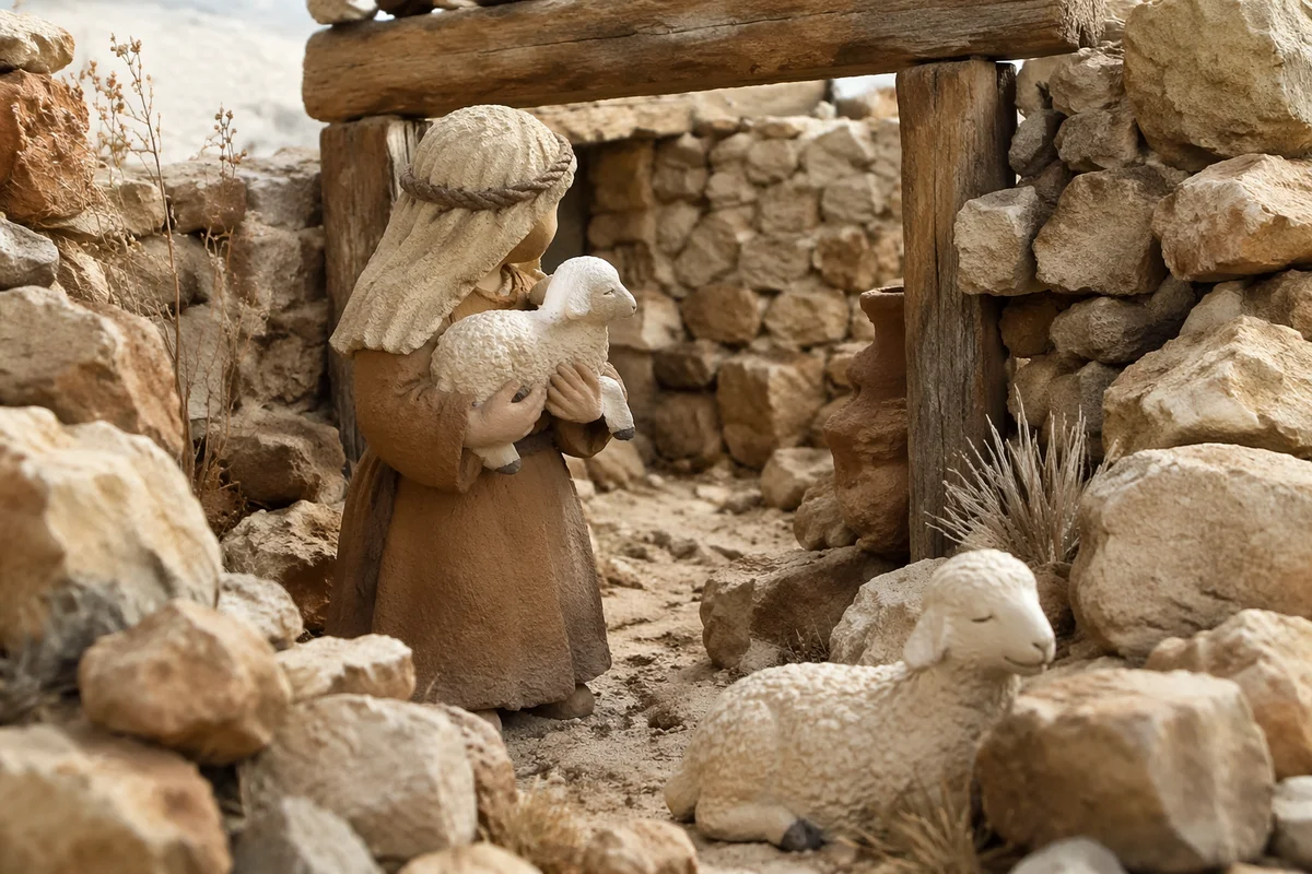 Shepherd Carrying Lost Lamb in Stone Fold