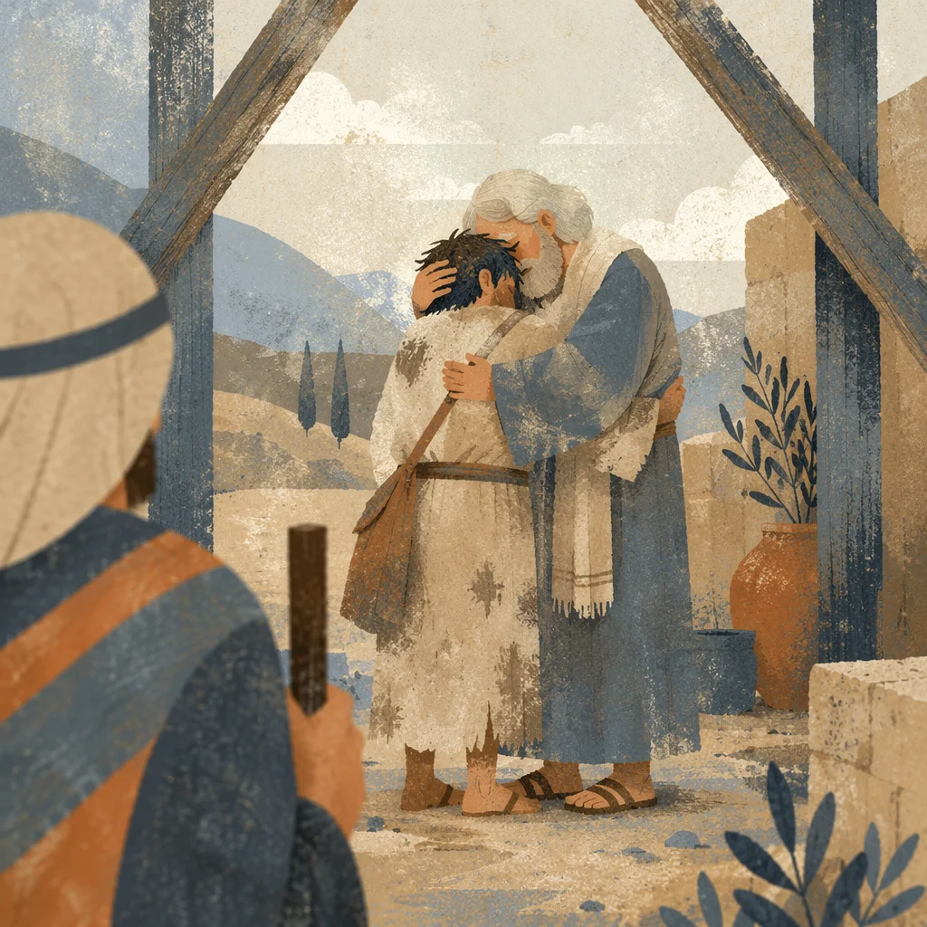 Prodigal Son Father Embrace in Courtyard