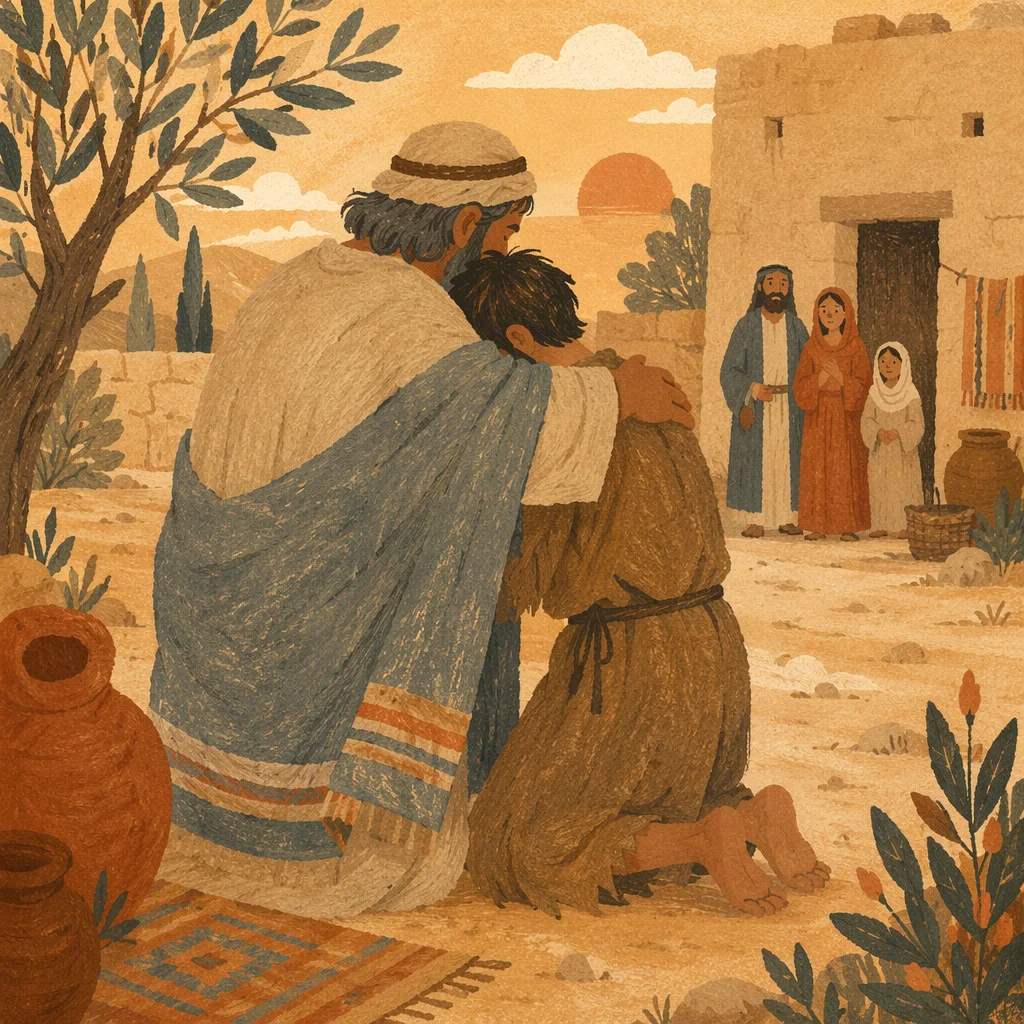 Father Embracing Prodigal Son at Sunset