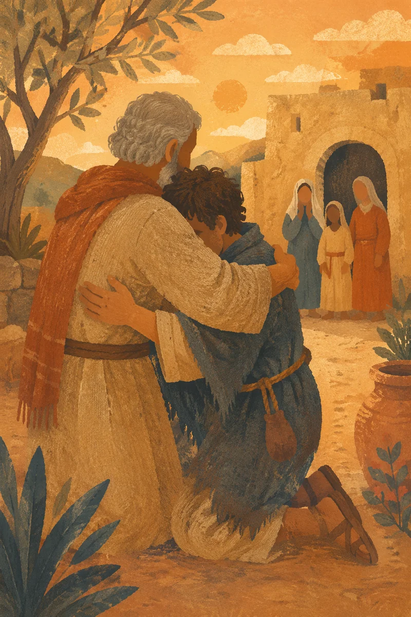 Father Embraces the Prodigal Son at Sunset