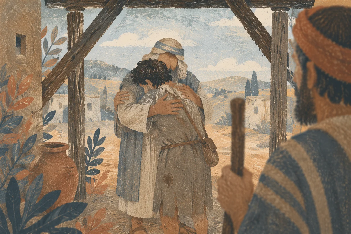 Prodigal Son Father Embrace in Courtyard