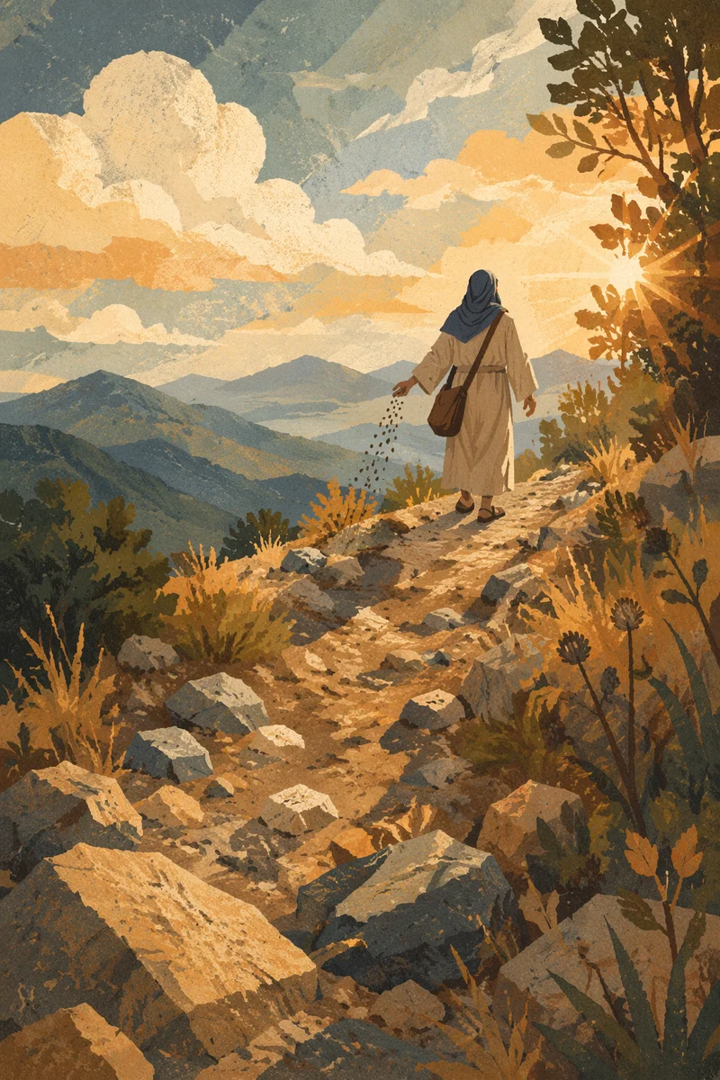 Sower on Rocky Path at Sunset