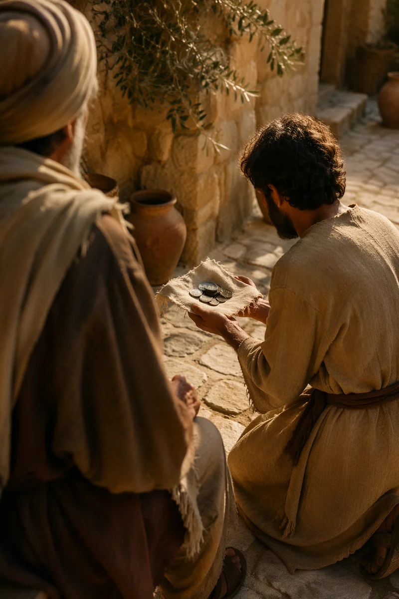 Servant Presenting Talents in Ancient Courtyard