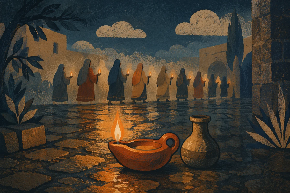 Wise Virgins Lamp in Night Courtyard