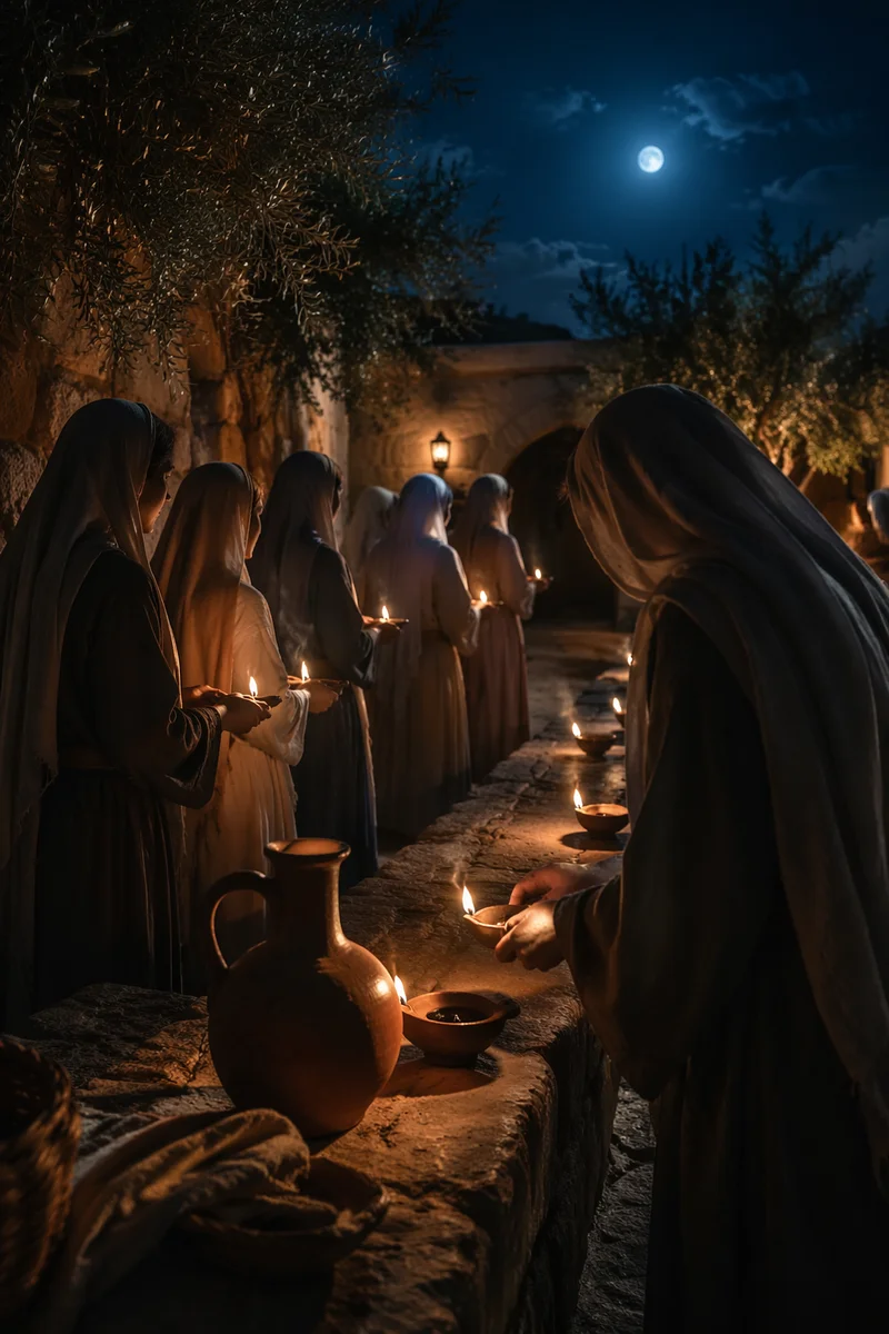 Ten Virgins Tending Lamps at Night