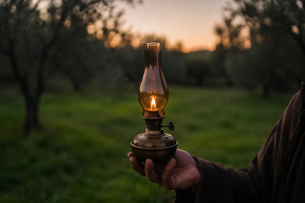 Glowing Oil Lamp in Evening Meadow