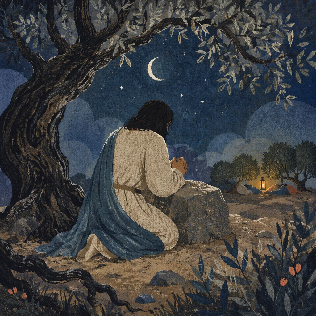 Jesus Praying Alone in Gethsemane Night