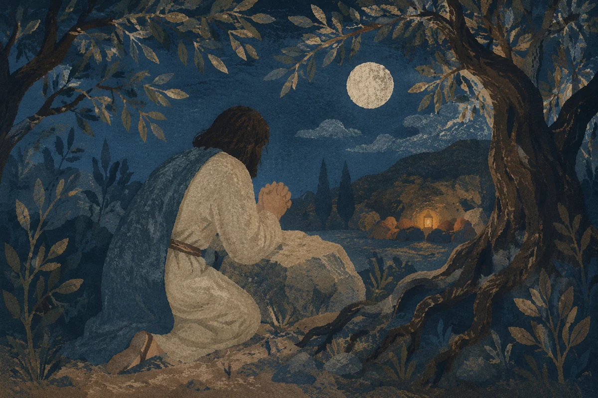 Jesus Praying Alone in Gethsemane Night