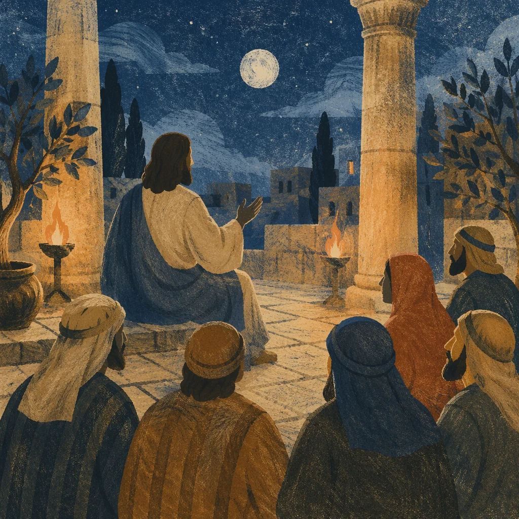 Jesus Teaching in Moonlit Temple Court