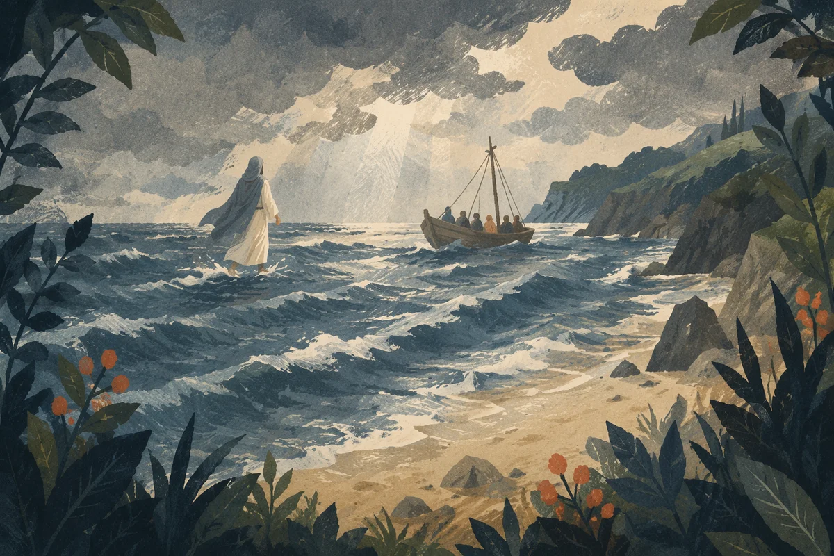 Jesus Walking on Stormy Sea Toward Disciples