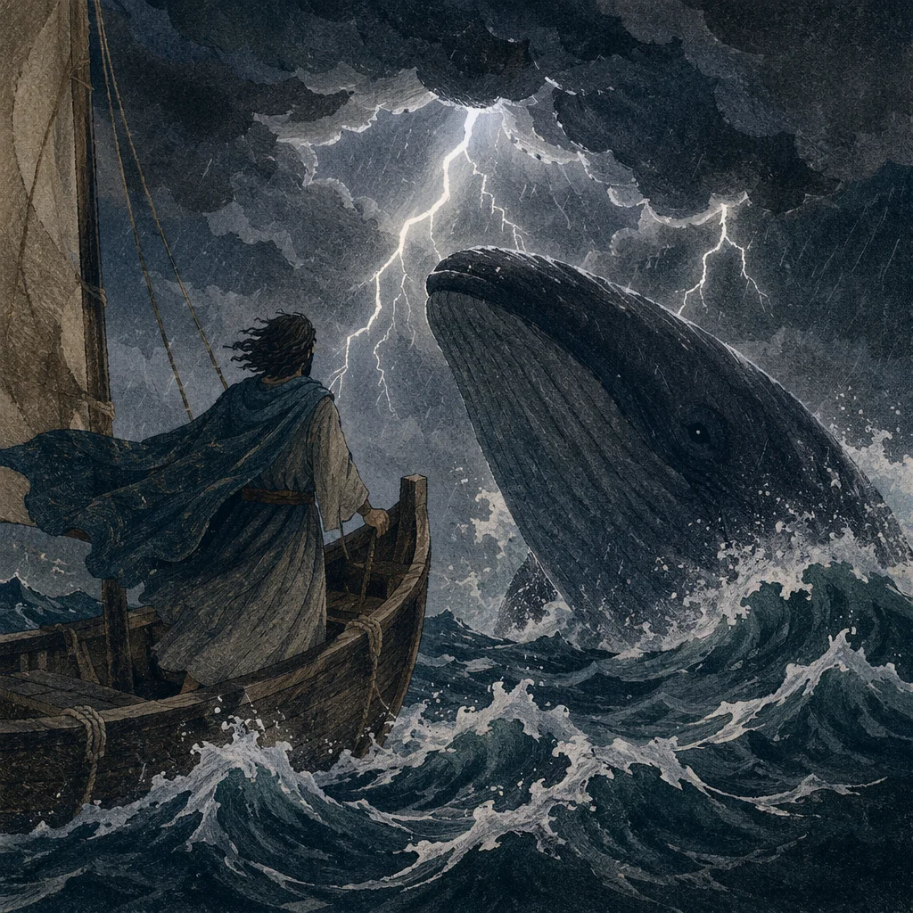Jonah and Whale in Stormy Twilight Sea