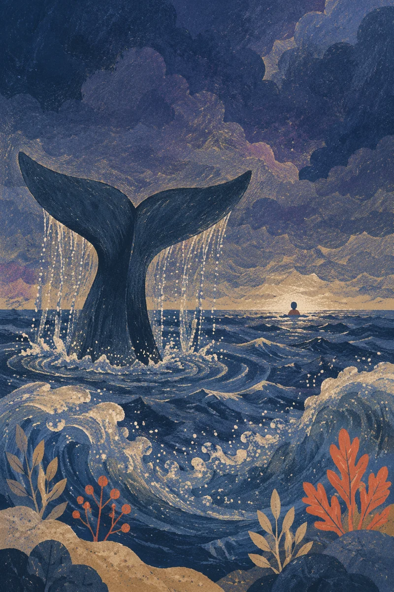 Jonah Whale Tail in Stormy Twilight Sea