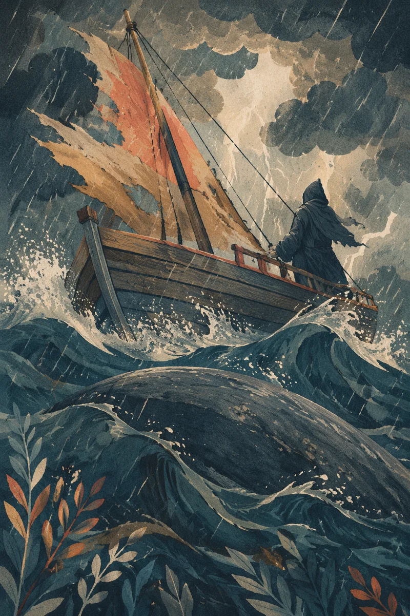 Jonah and the Whale in Stormy Sea