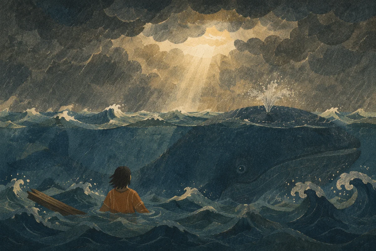 Jonah in Stormy Sea Near Whale