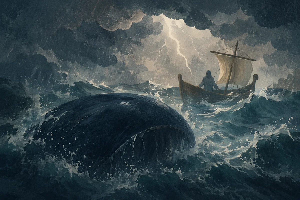 Jonah and the Whale in Stormy Sea