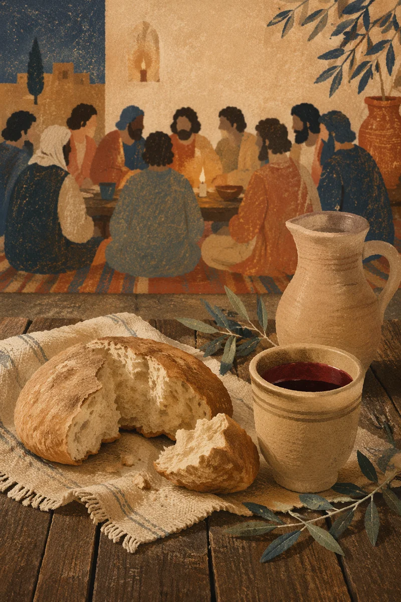 Reverent Last Supper Table with Bread and Wine
