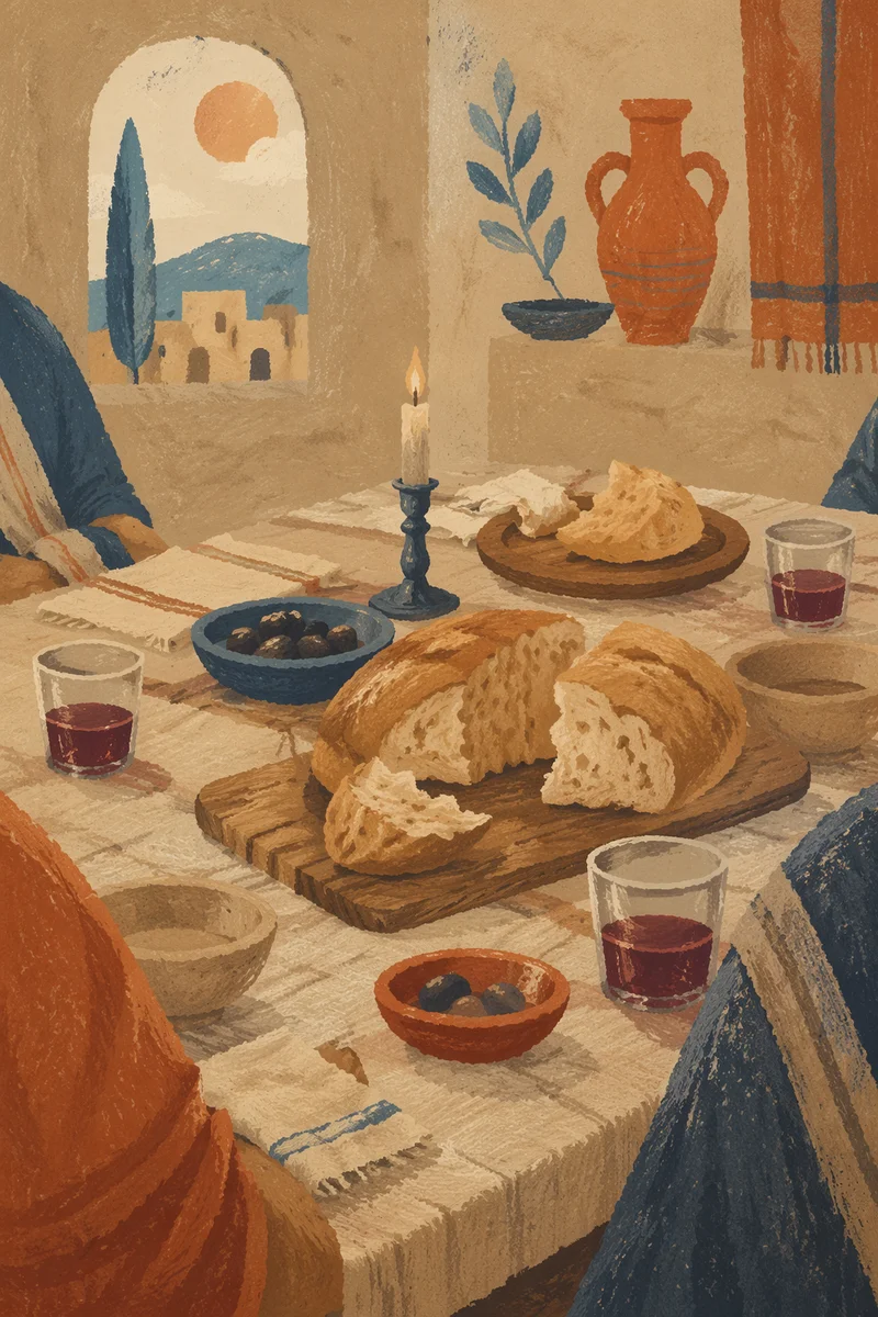 Last Supper Table with Bread and Wine