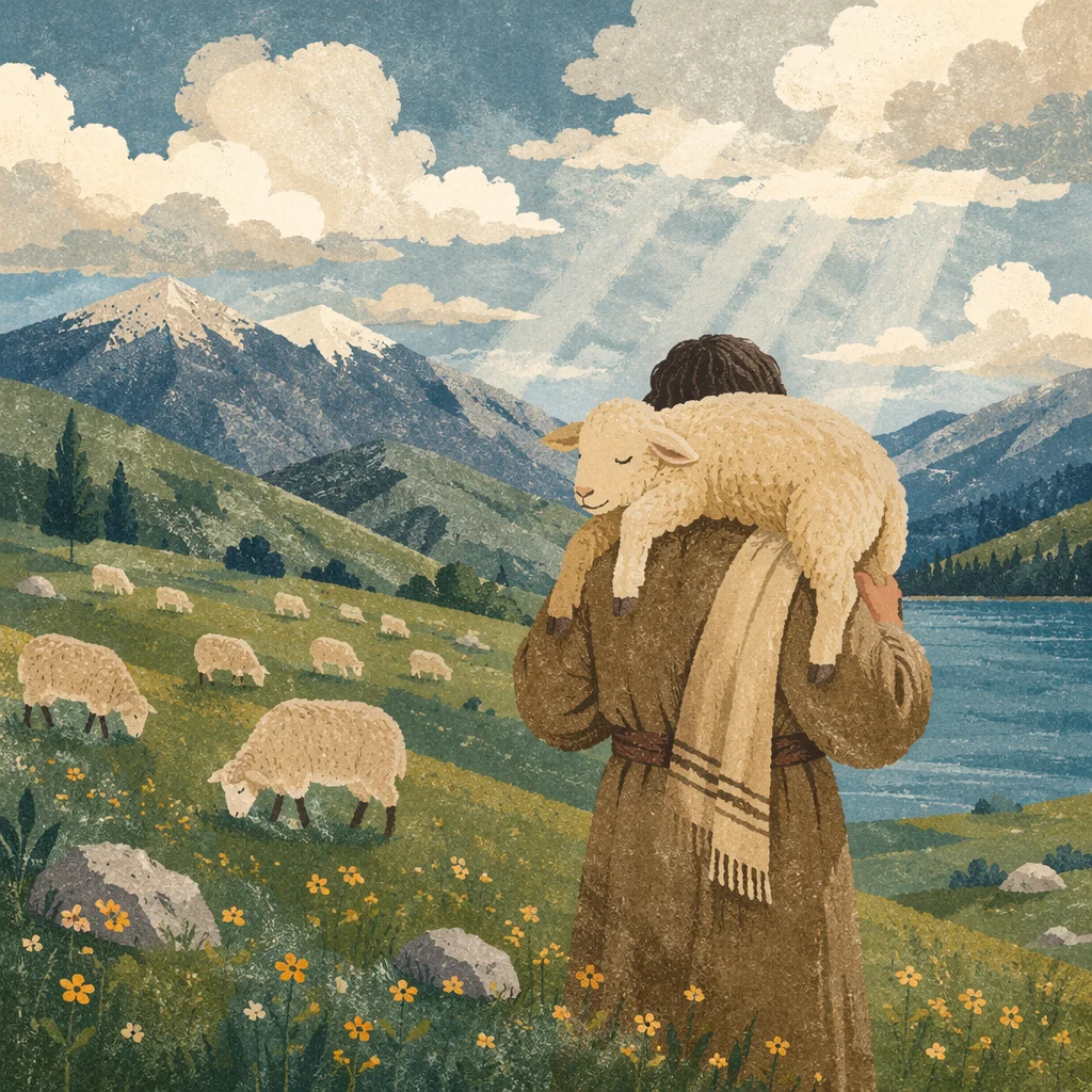 Shepherd Carrying Lost Lamb in Mountain Meadow