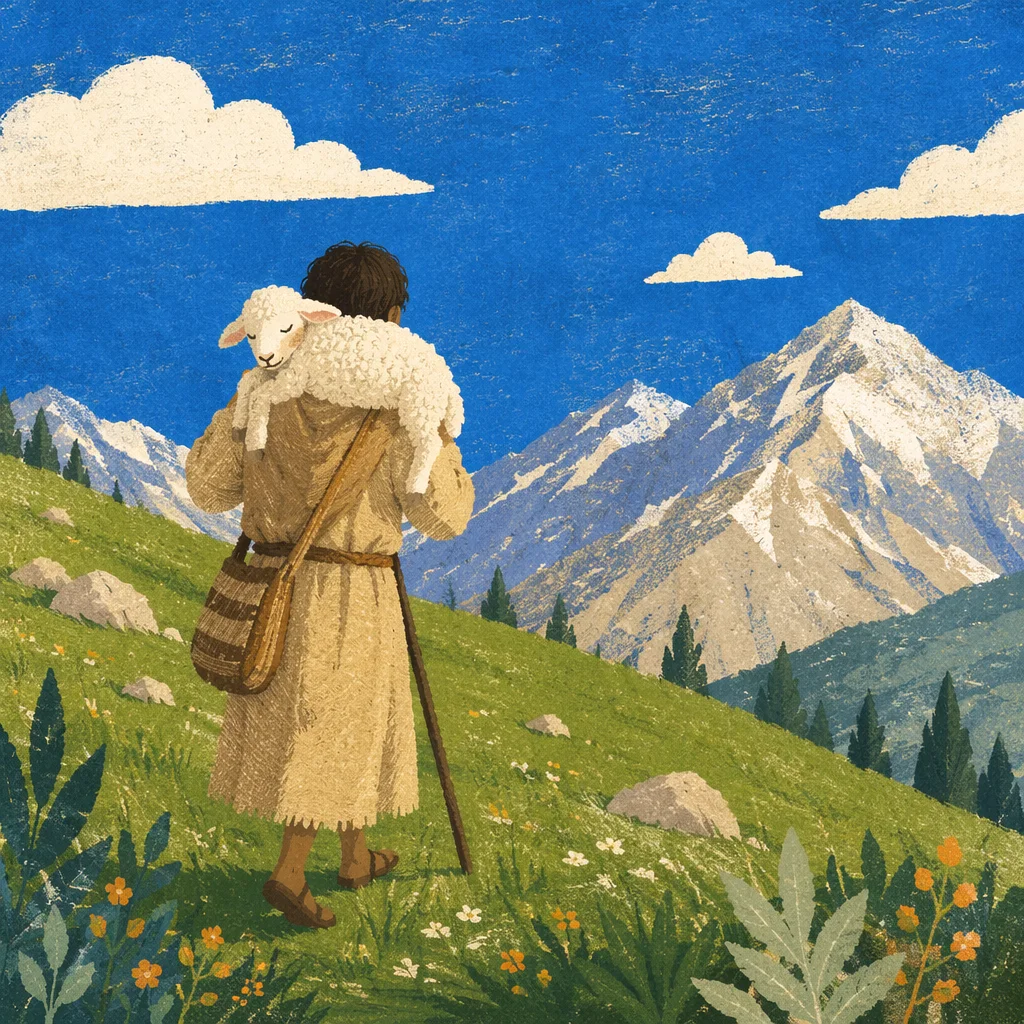 Shepherd Carrying Lost Lamb in Mountain Pasture