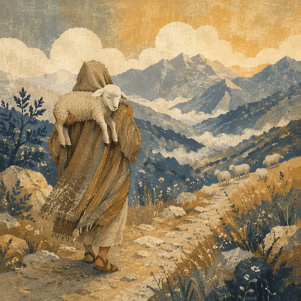 Shepherd Carrying Lost Lamb at Dawn
