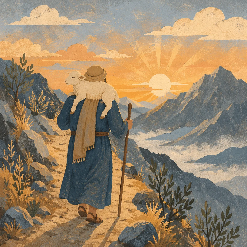 Shepherd Carrying Lost Lamb at Dawn