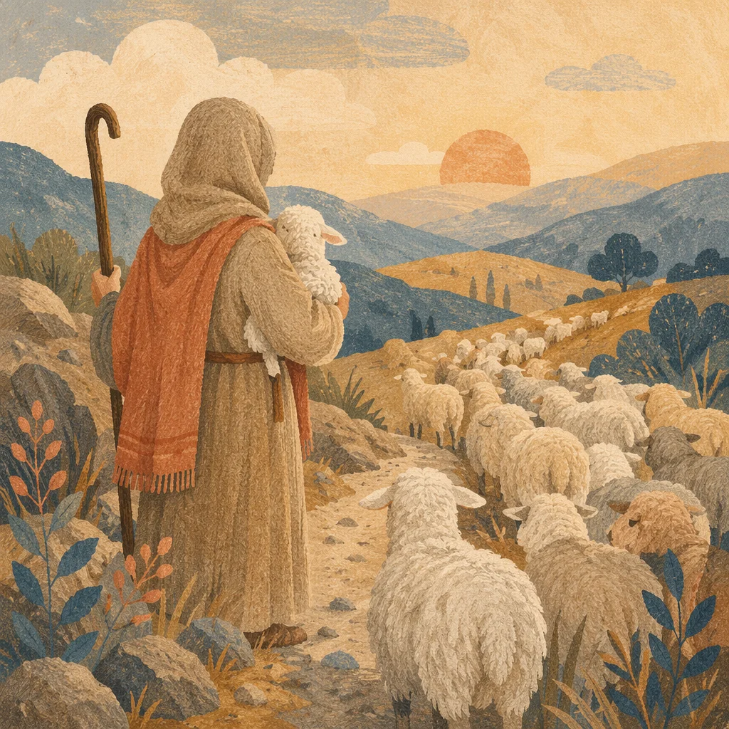 Shepherd Carrying Lost Lamb in Mountain Valley