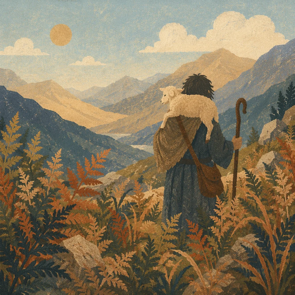 Shepherd Carrying Lost Lamb in Mountains