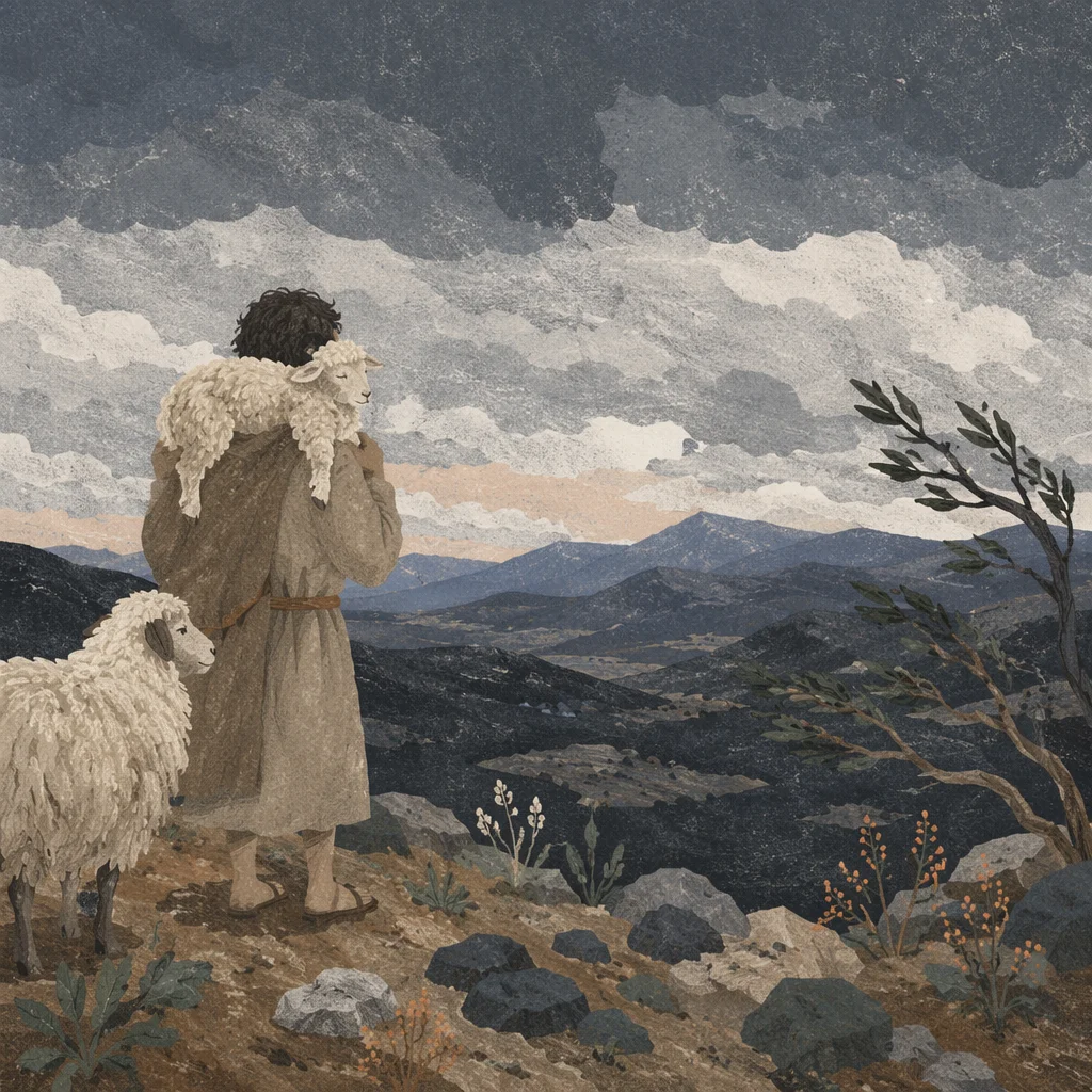 Shepherd Carrying Lost Lamb Across Mountains