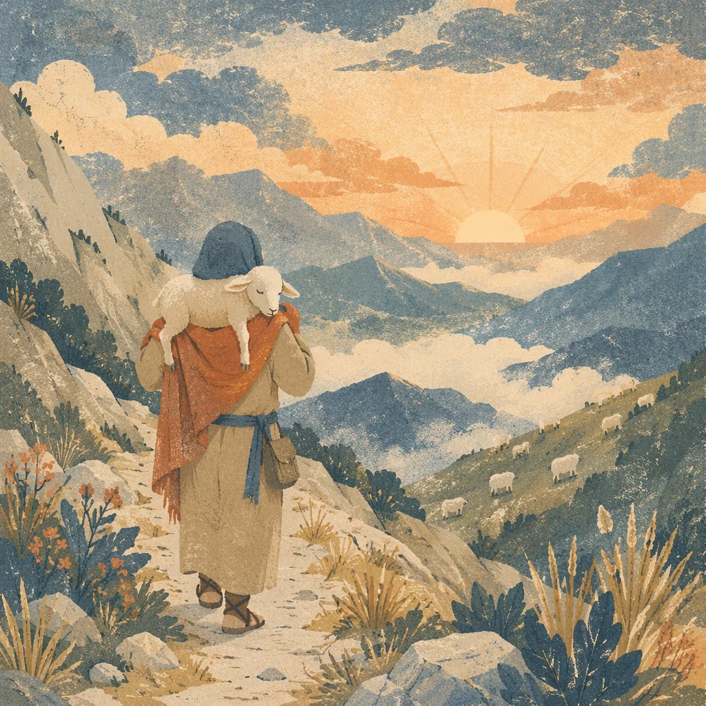 Shepherd Carrying Lost Lamb at Dawn
