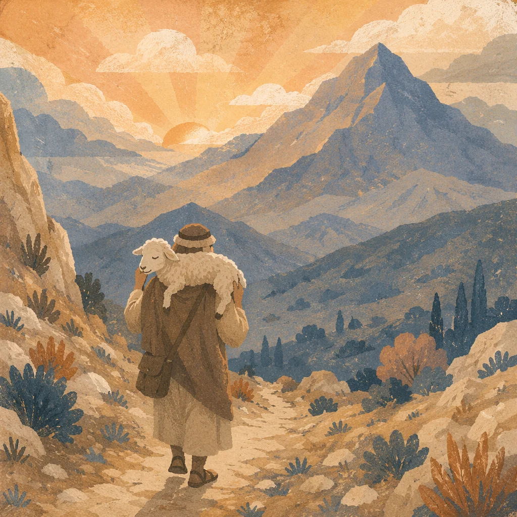 Shepherd Carrying Lost Lamb Through Mountains