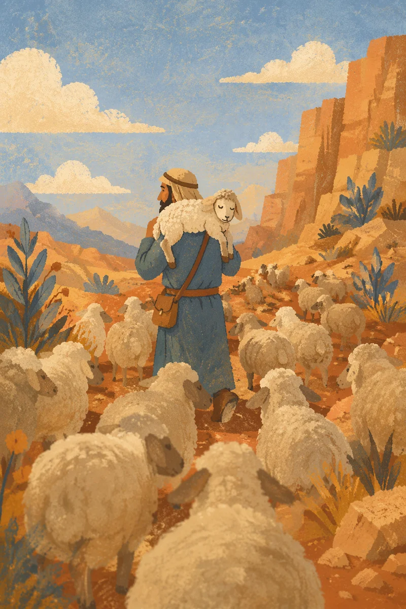 Good Shepherd Carrying Lost Lamb in Mountains