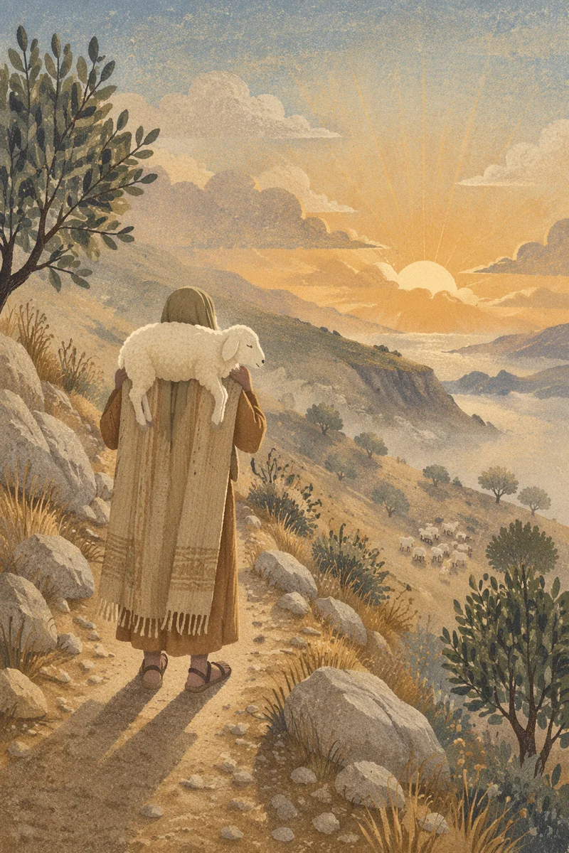 Shepherd Carrying Lost Lamb at Dawn