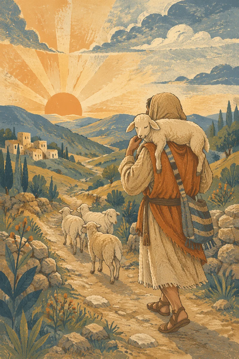 Shepherd Carrying Lost Lamb at Dawn