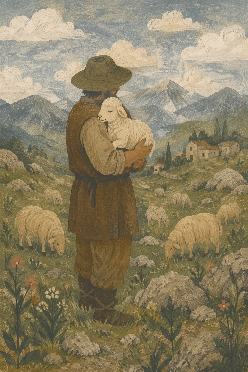 Shepherd Carrying Lost Lamb in Mountains