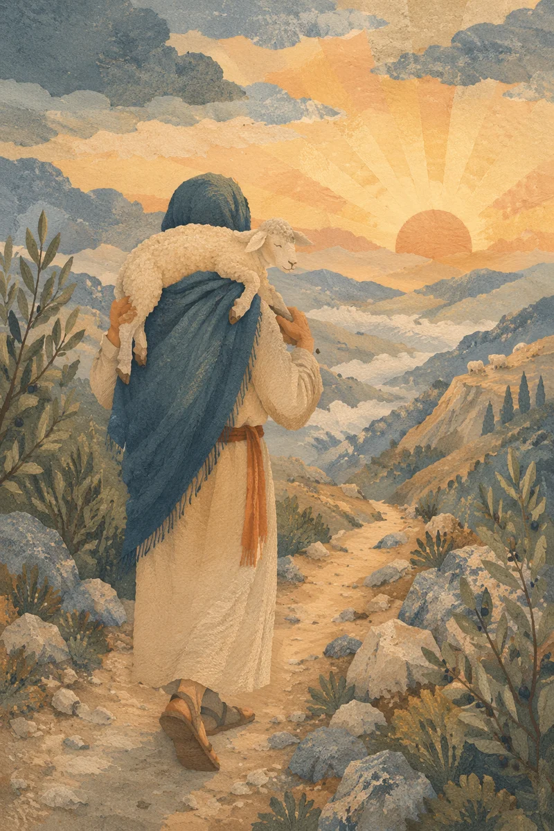 Shepherd Carrying Rescued Lamb at Dawn