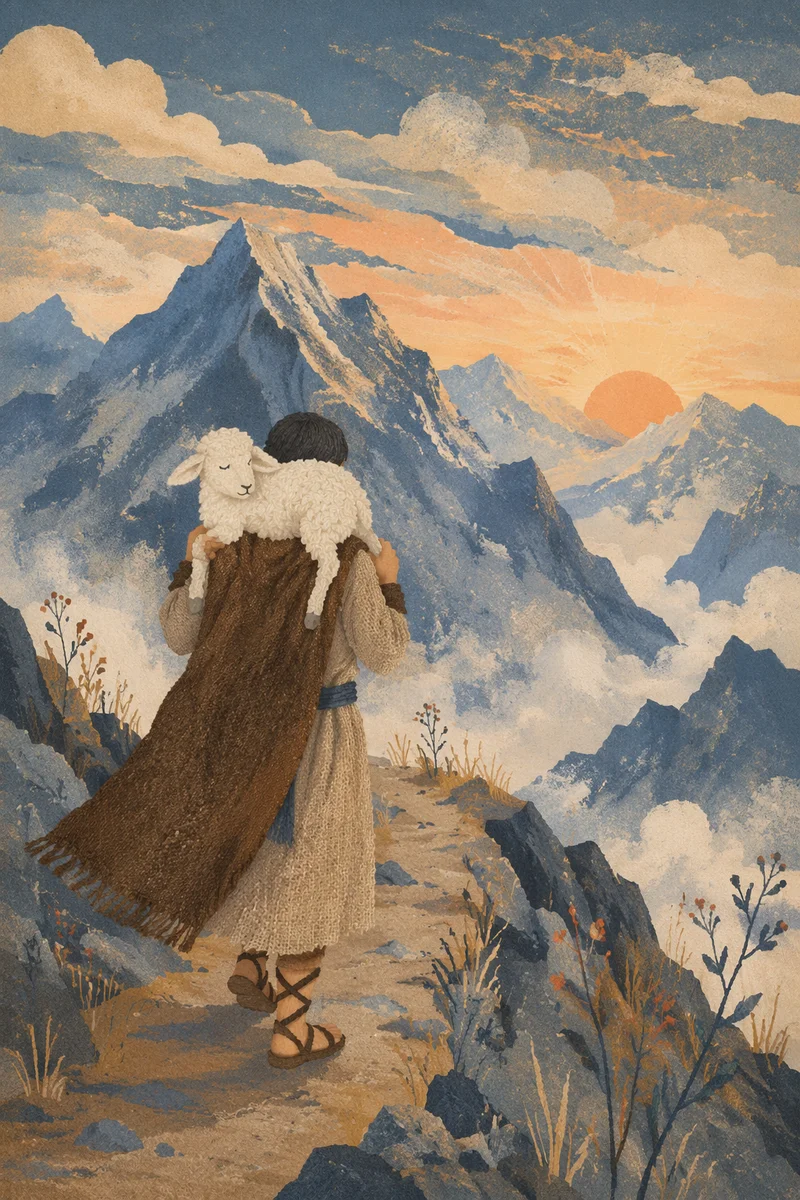 Shepherd Carrying Lost Lamb at Dawn