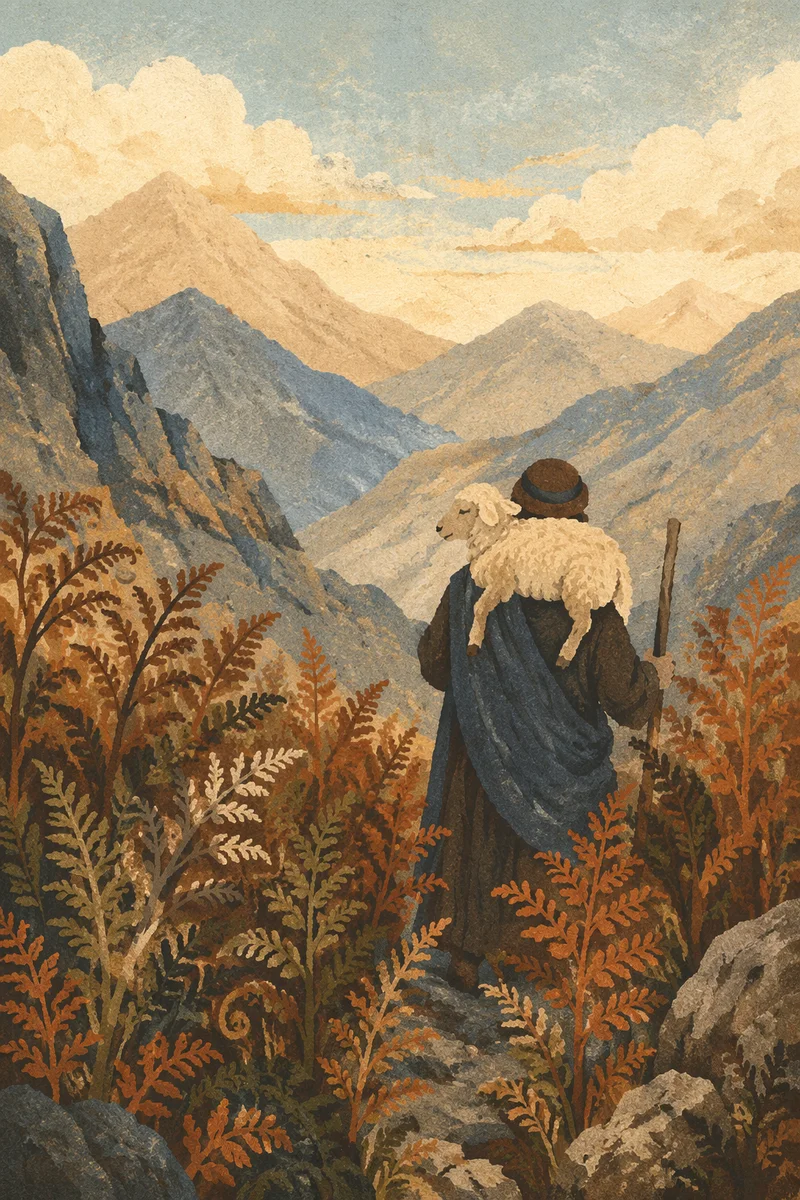 Shepherd Carrying Lost Lamb in Mountains