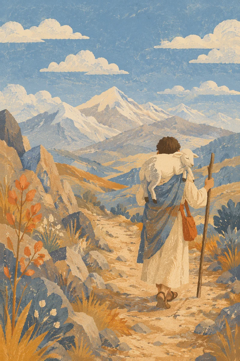 Shepherd Carrying Lost Lamb Through Mountains