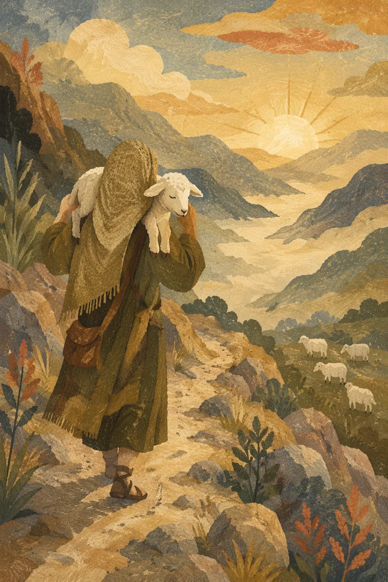 Shepherd Carrying Lost Lamb at Dawn
