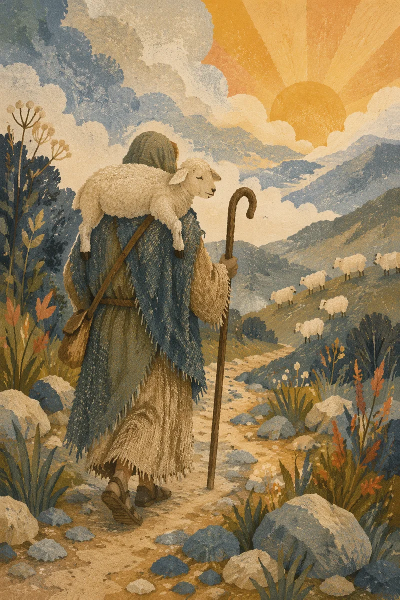 Shepherd Carrying Lost Lamb at Sunrise